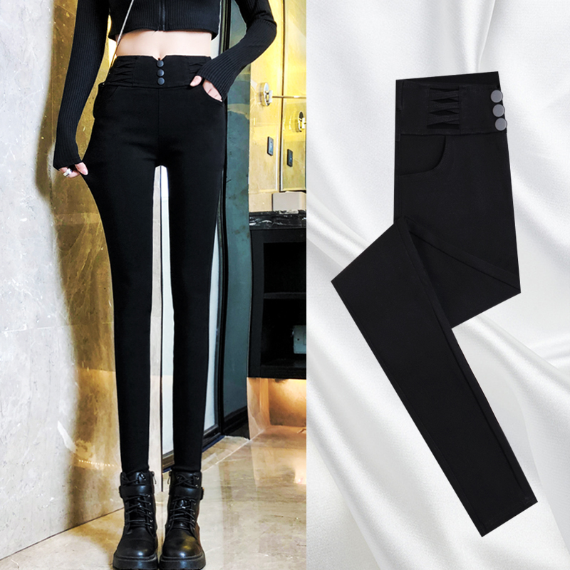 High Waist Inner Lap Pants Woman External Wear Spring Autumn Winter 2020 New Black Plus Suede Slim 90% Little Feet Pencil Pants