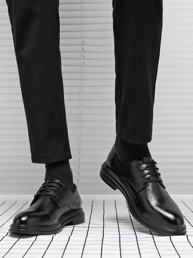 Business Formal Leather Shoes for Men, Young People, Genuine Leather, Soft Sole, Comfortable for Work, Height-Increasing, Casual, British Style, Groom's Wedding Shoes