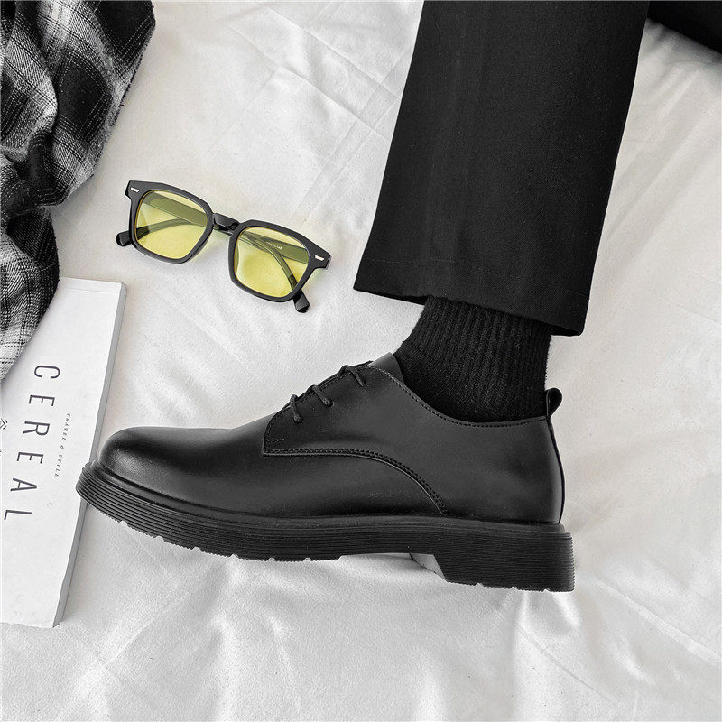 Autumn Leather Shoes for Men, Korean Style Trendy Casual Youth British Round-Toe Black Leather Shoes, Business Formal Suit Shoes