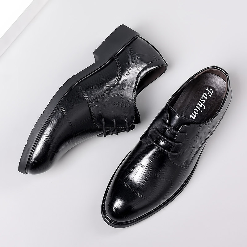 2025 New Leather Shoes for Men, Business Formal Wear, Genuine Leather, Soft Sole, Casual Derby Shoes, British Style, Thick Sole, Wedding Groom Shoes