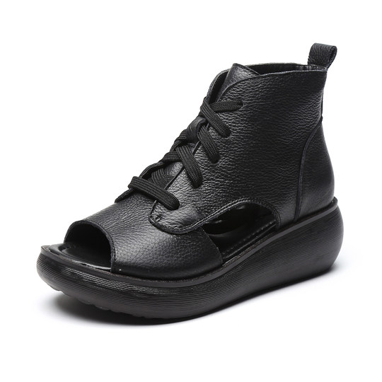 头层牛皮女鞋夏季新款凉靴露趾厚底松糕跟系带女靴韩版时装靴