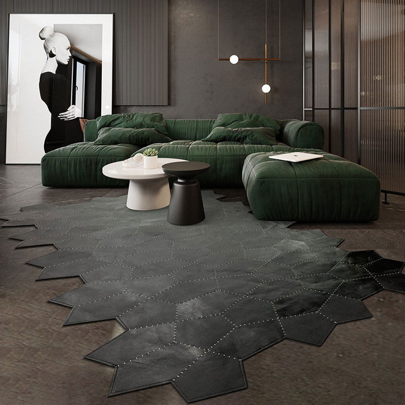 High-end light luxury pure black leather stitching carpet home Nordic modern minimalist living room coffee table bedroom irregular