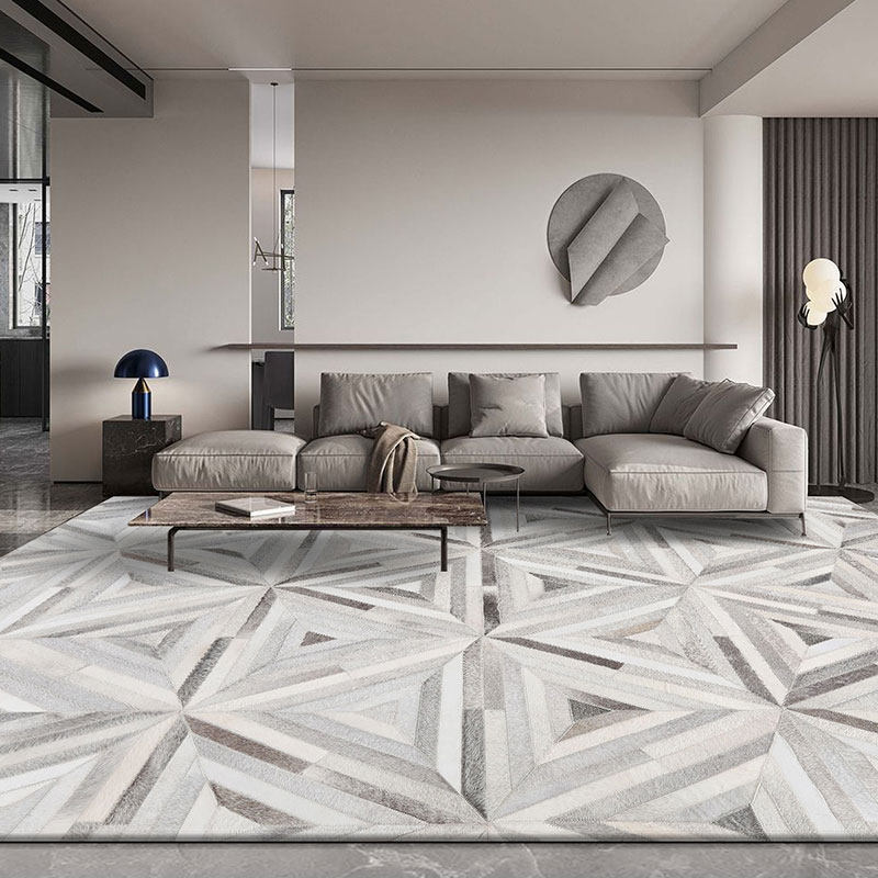 Modern light luxury leather carpet stitching home gray Nordic geometric living room coffee table mat bedroom bedside blanket customization