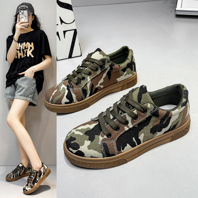 Spring and Autumn Student Lace-Up Camouflage Women's Shoes 26 New Running Sneakers Non-Slip Outdoor Training Shoes Thick-Soled Sneakers