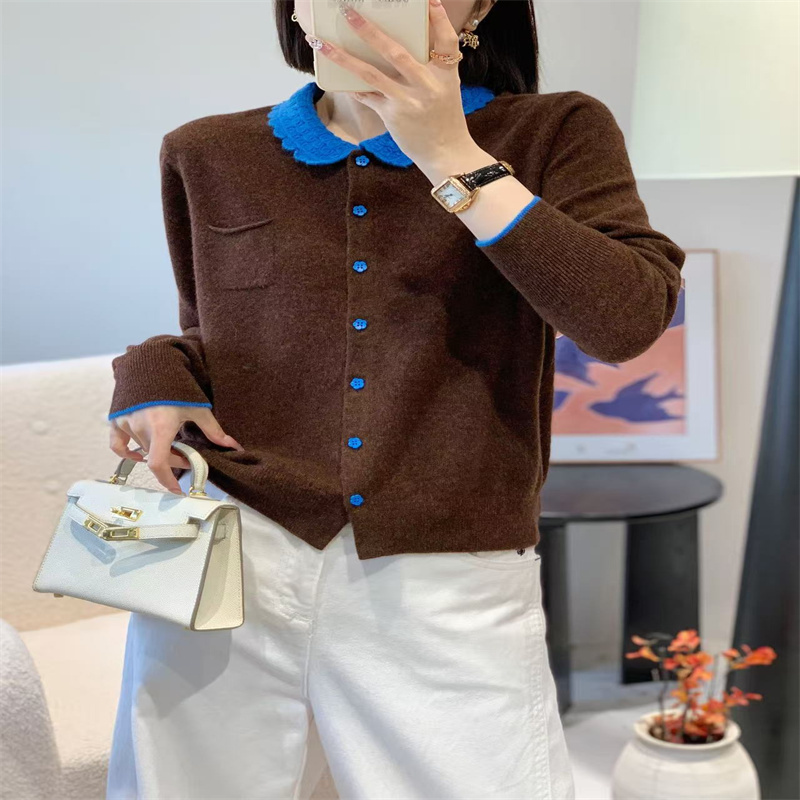 100% Pure Wool Sweater for Women, New Autumn and Winter Style, Crochet Doll Collar, Button Cardigan, Color-Blocking, Stylish