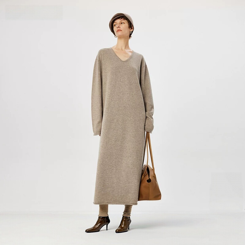 Minimalist Style V-Neck Pure Cashmere Knitted Dress for Women, Over-The-Knee Ultra-Long Loose and Relaxed Style Dress Minimalist Style V-Neck Pure Cashmere Knitted Dress for Women, Over-The-Knee Ultra-Long Loose and Relaxed Style Dress