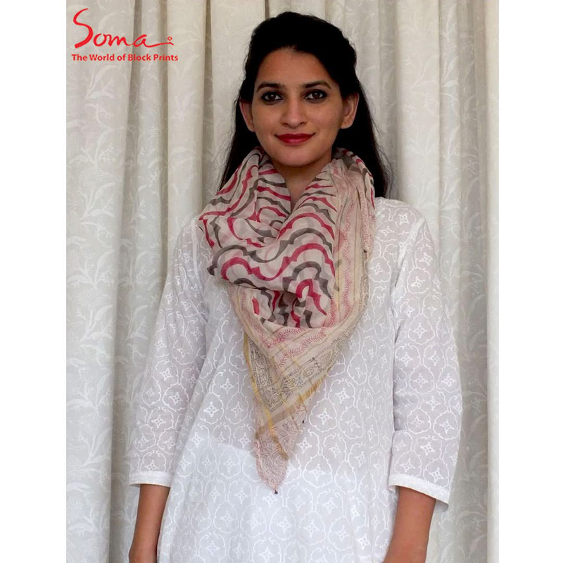 Indian Old Brand Soma Hand-Printed Sun-Protective Silk Scarf/Shawl for Spring and Summer