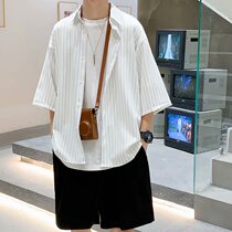 70% Sleeves Short Sleeve Shirt Male Tide Ins loose Yuppie Handsome summer loose blouses Korean version trendy striped shirt