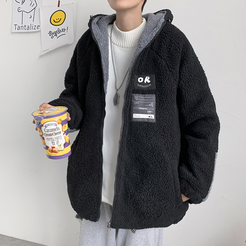 Lamb cashmere coat Male spring and autumn loose wool lamb 2021 new trend hooded Harajuku wind fleece