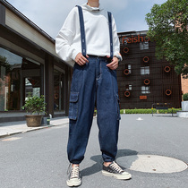 Denim tooling bib pants Mens Japanese spring and summer thin section tide suspender nine-point bundle foot one-piece pants net red loose