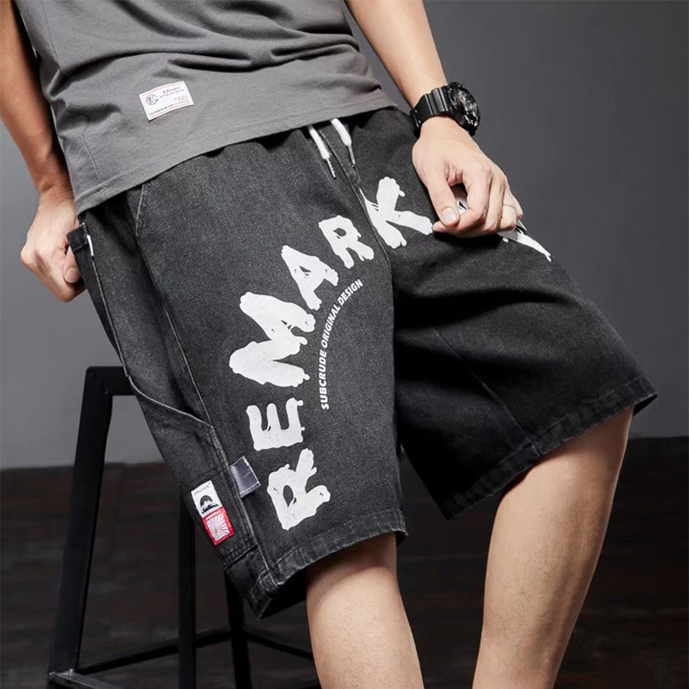 Letter Printed Denim Shorts Male Tide Card Ins Bursting Summer Thin tooling 50% Pants Loose straight drum Americana