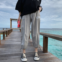 Drawstring leg overalls mens 2021 new mens loose nine-point pants summer thin fashion ruffian handsome casual pants