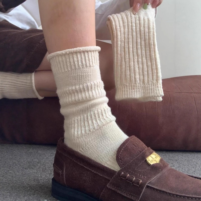 Cotton and Linen Coarse Knit for a Lazy, Autumn Vibe! Slouchy Socks Paired with Sweatshirts and Sweaters, Mid-Calf Socks