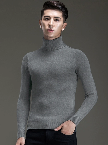 Мужской черный цветной демисезонный базовый шерстяной утепленный трикотажный кашемировый свитер, облегающий крой