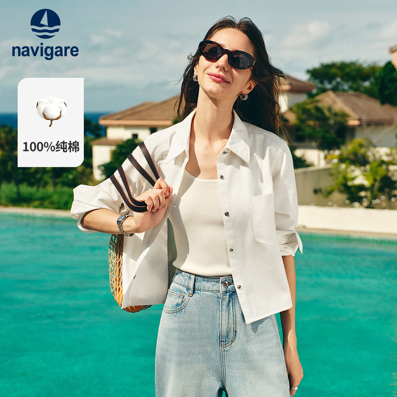 [Pure Cotton] Navigare Small Sailboat White Loose Shirt Jacket Women's Spring and Autum Casual Long-Sleeved Shirt