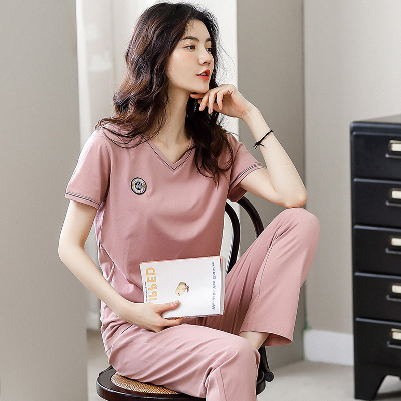 Pajamas for Women, Summer Style, with Chest Pads, Pure Cotton, Short-Sleeved, Long Pants, Sports and Leisure, Can Be Worn Outside, 100% Cotton Home Wear Set