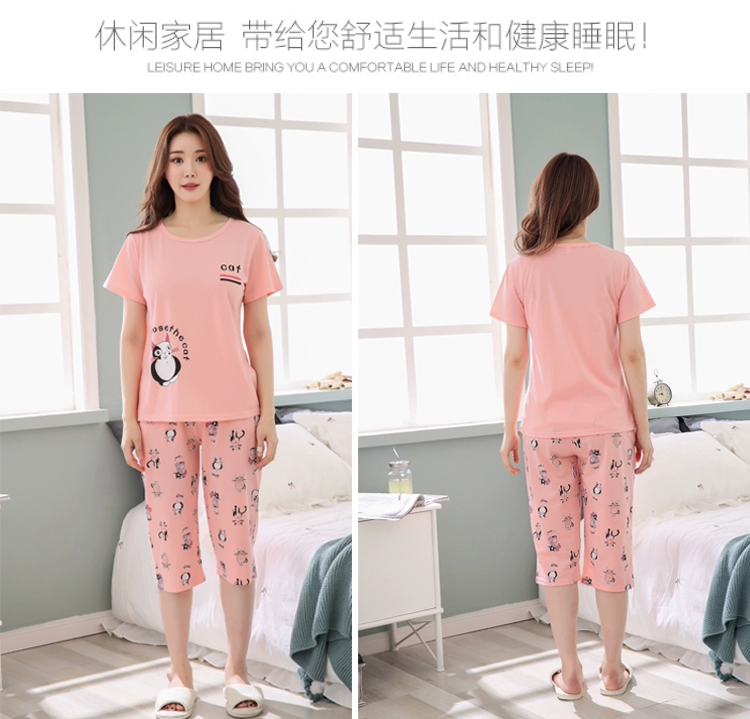 Bộ đồ ngủ nữ mùa hè ngắn tay cotton phù hợp với nữ sinh viên hoạt hình cắt quần dài phần mỏng dịch vụ tại nhà phù hợp với hai mảnh