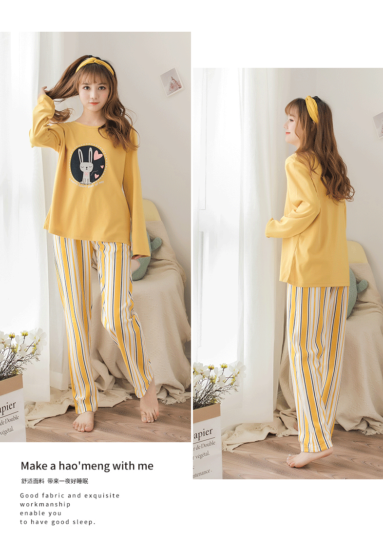 Phiên bản Hàn Quốc của đồ ngủ nữ mùa xuân và mùa thu cotton dài tay phù hợp với phim hoạt hình dễ thương cô gái lỏng lẻo dịch vụ nhà hai mảnh có thể được mặc đồ ngủ cao cấp