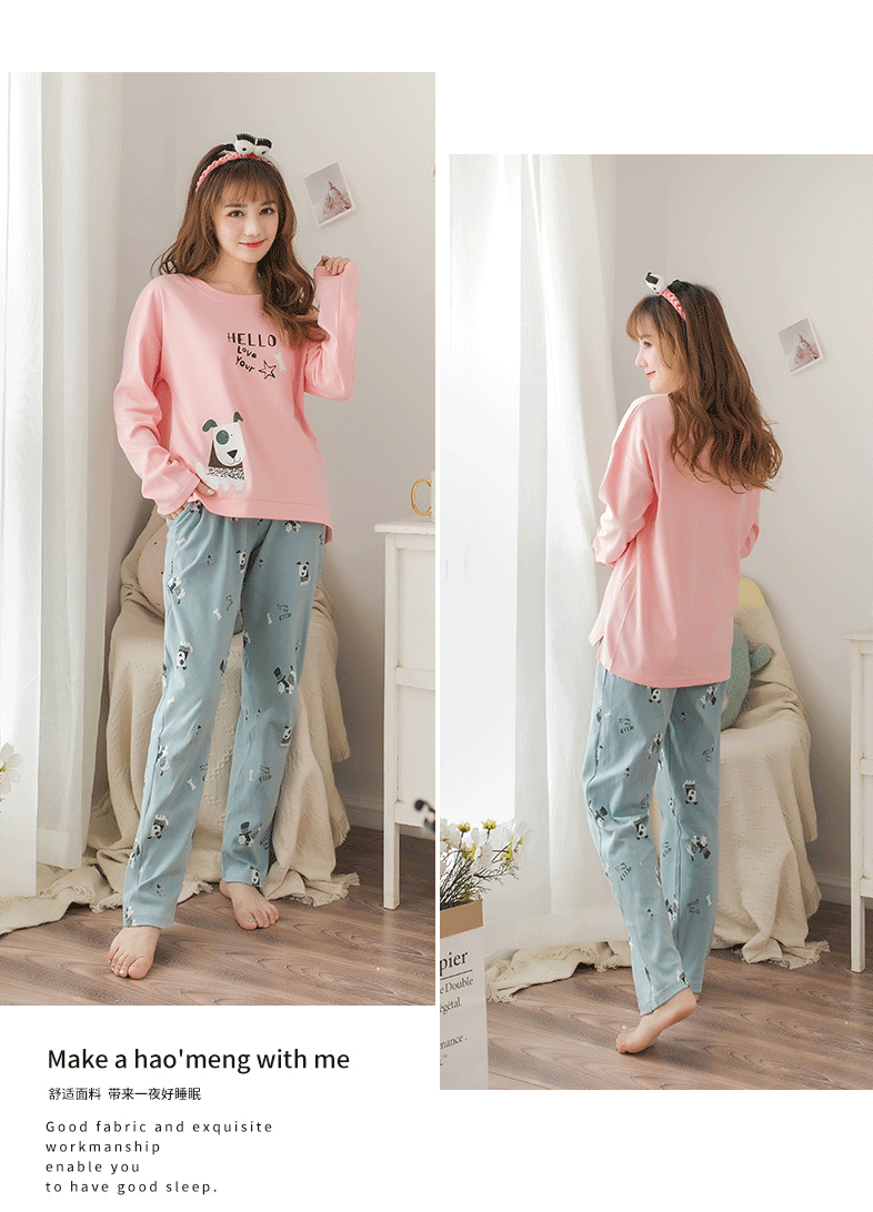 Phiên bản Hàn Quốc của đồ ngủ nữ mùa xuân và mùa thu cotton dài tay phù hợp với phim hoạt hình dễ thương cô gái lỏng lẻo dịch vụ nhà hai mảnh có thể được mặc đồ ngủ cao cấp