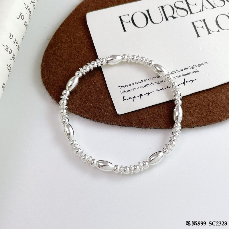 999 Pure Silver DIY Seven-Bead Silver Bead Bracelet for Women, Simple Pure Silver ins Trendy Niche Design