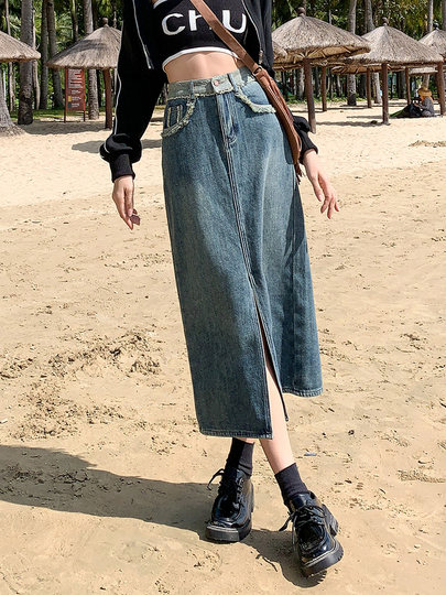 Spring temperament mid-length denim skirt for small women with pear-shaped figures slimming long skirts with drapey straight skirts