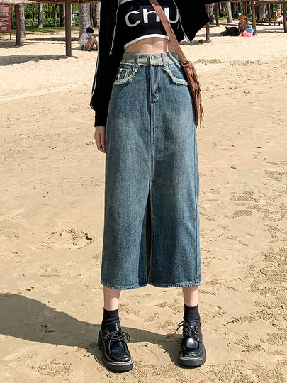 Spring temperament mid-length denim skirt for small women with pear-shaped figures slimming long skirts with drapey straight skirts