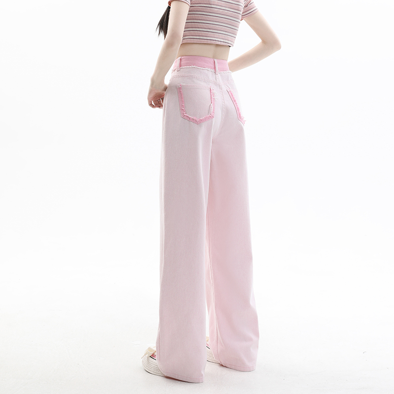 Summer Thin Pink Wide-Leg Jeans for Women 2025 New American High Street Style Petite Height-Enhancing Sweet Cool Straight-Leg