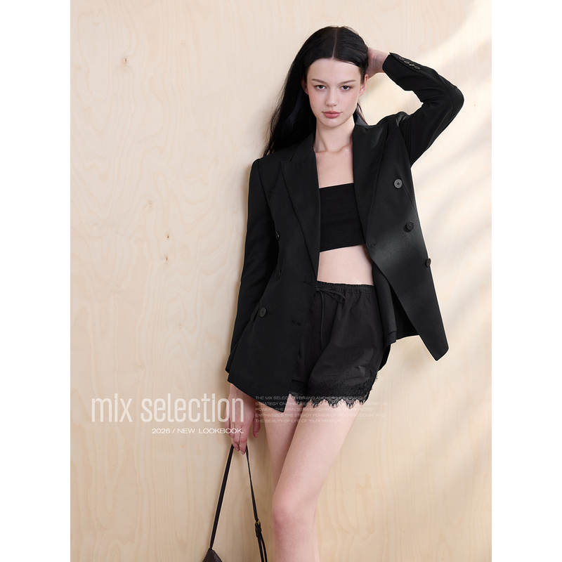 Mix Selection|Seihuang Double-Breasted Black Waist-Cinching Blazer for Petite Figures, Elegant Suit 26 Autumn Mix Selection|Seihuang Double-Breasted Black Waist-Cinching Blazer for Petite Figures, Elegant Suit 26 Autumn