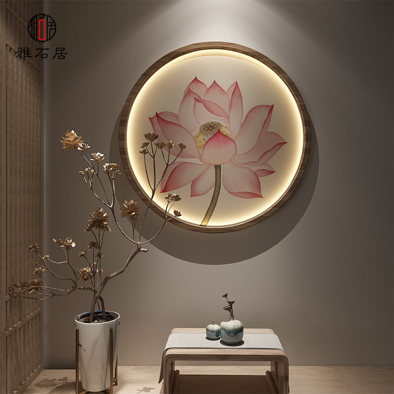 New Chinese style with lamp Screen Hanging Wall Lighting Genguan Background Decoration Painting Living Room Round Hanging Screen Solid Wood Round Partition