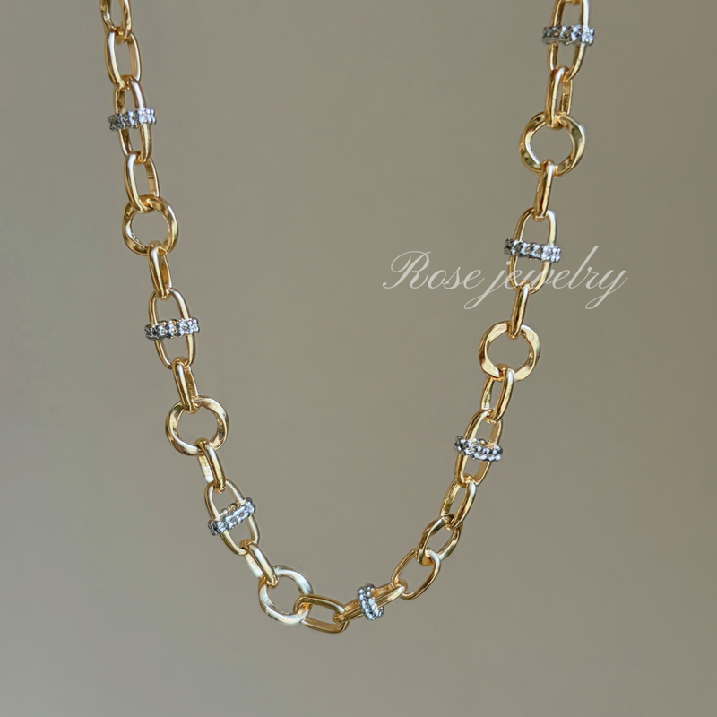 LAOSHU /S925 Silver Gold-Plated 3D Hard Gold Craft Color-Separated Circle Universal Clasp Bracelet Short Chain DIY Splicing Necklace