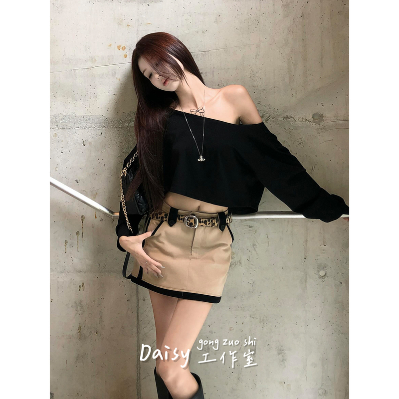 Korean Style Spicy Girl Style Off-Shoulder Top, Short T-Shirt, Half-Skirt Set for Women, Autumn Outfit, A-Line Short Skirt Korean Style Spicy Girl Style Off-Shoulder Top, Short T-Shirt, Half-Skirt Set for Women, Autumn Outfit, A-Line Short Skirt