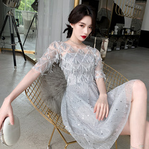 Shoulder tassel small evening dress dress female banquet temperament thin short sexy sexy usually can wear host annual meeting celebrity