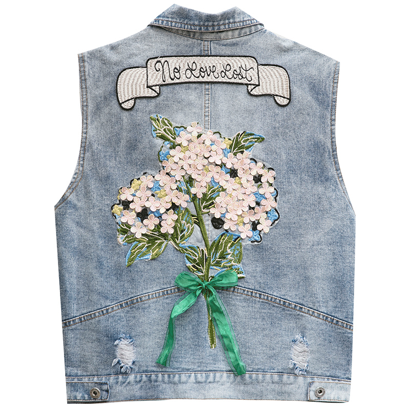 Thêu denim vest mùa hè mặc ngoài ăn của phụ nữ mới vest buông lơi Hàn Quốc phiên bản của vintage ngắn denim cổng gió