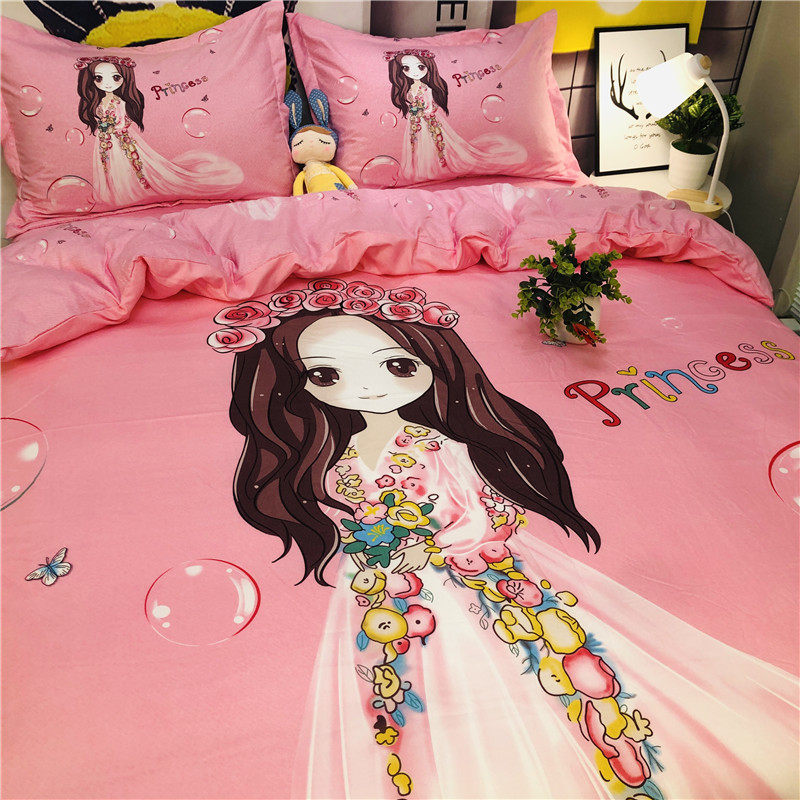 Spring Summer Pink Princess Wind Cartoon Three-Four Pieces Pure Cotton Linen Quilt Cover Girls All-cotton Children's Bed Supplies