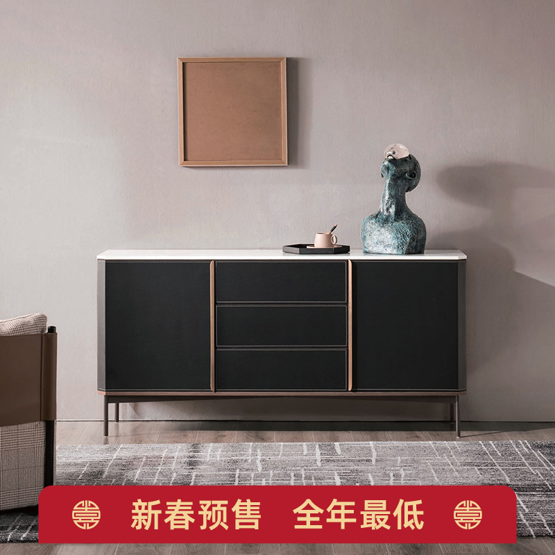 Nordic retro saddle leather rock board dining cabinet light luxury wall marble solid wood dining cabinet modern simple storage cabinet