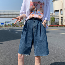 High-waisted denim shorts womens summer 2021 new Hong Kong style loose five-point pants tide ins straight wide leg mid-pants