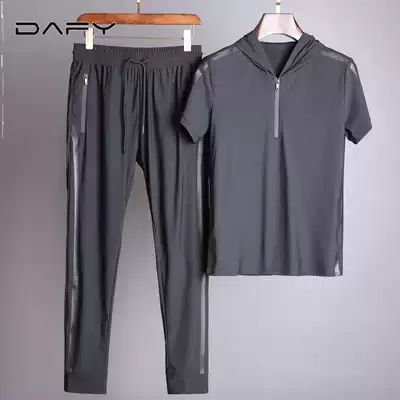 Light luxury brand summer thin silky casual sports suit men's ice silk short-sleeved trousers hooded black two-piece suit