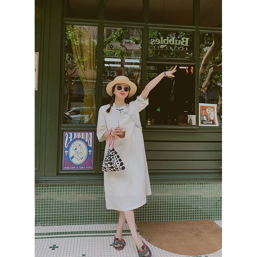 Ретро ципао, платье, белая длинная юбка, китайский стиль, оверсайз