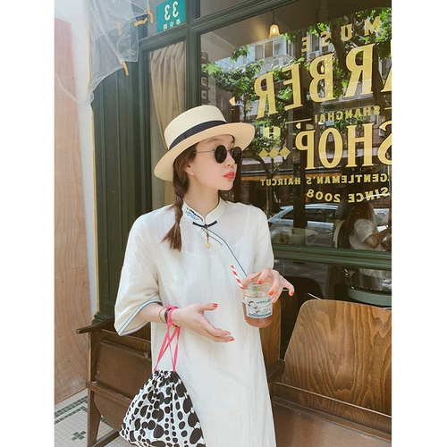 Ретро ципао, платье, белая длинная юбка, китайский стиль, оверсайз