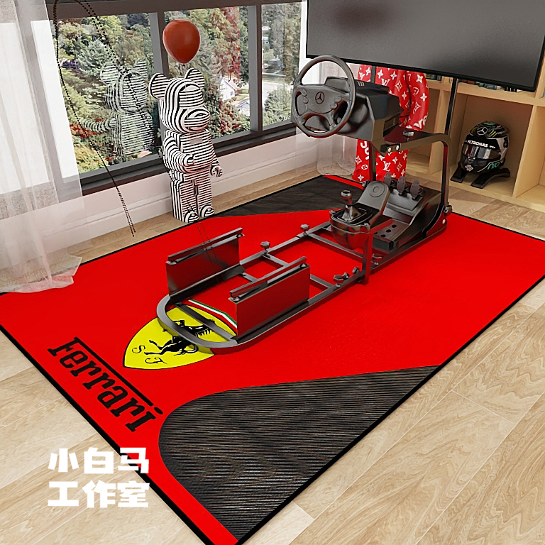 Anti-Slip Carpet for White Horse Racing Simulator Seat Bracket, F1 Team Gaming Room Thickened Loop Pile Floor Mat