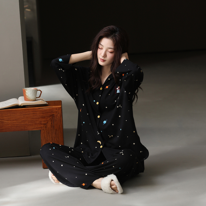 2026 New Women's Pajamas, Autumn Modal Cotton Long-Sleeve Black High-End Style, Can Be Worn Outside, Spring and Autumn Loungewear