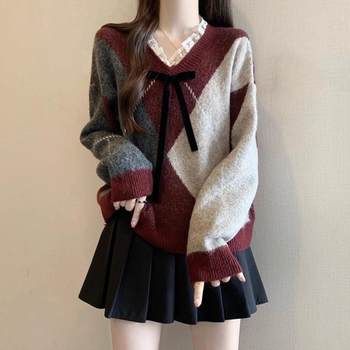 Burgundy rhombus sweater for women 2025 spring new large size fat mm lace v-neck sweater christmas retro top