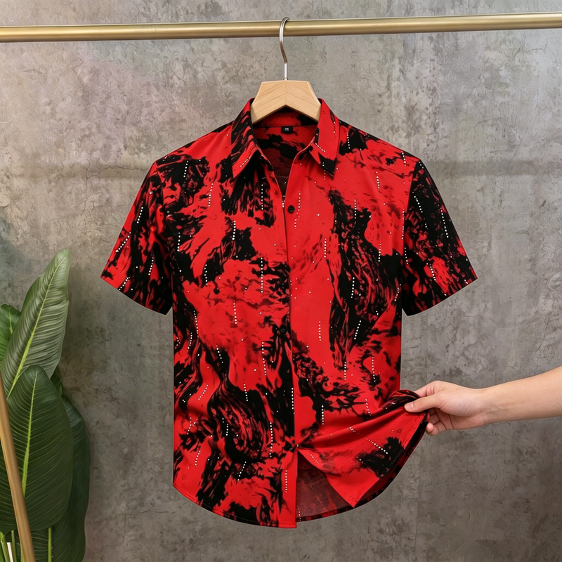 The Flame Is Here~ Foreign Trade Summer Ice Silk Red Short-Sleeve Shirt for Men, Stylish and Cool Young Man's Trendy Top