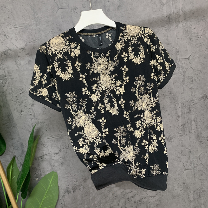 European Goods Are Coming~ Foreign Trade Summer Ice Silk Boutique Floral Short-Sleeved T-Shirt for Men, Cool and Stylish Half-Sleeve ins Trendy Brand