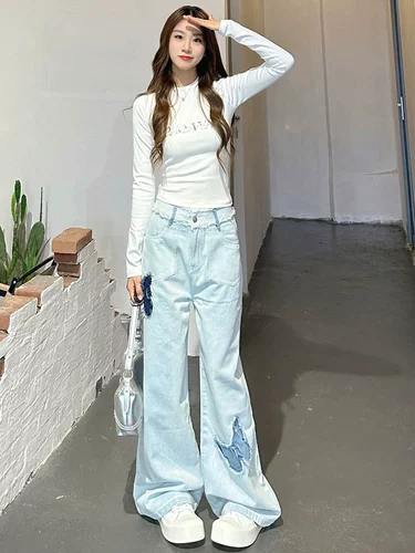 Осенние джинсы, штаны, дизайнерские ретро леггинсы, тренд сезона, в американском стиле, свободный прямой крой