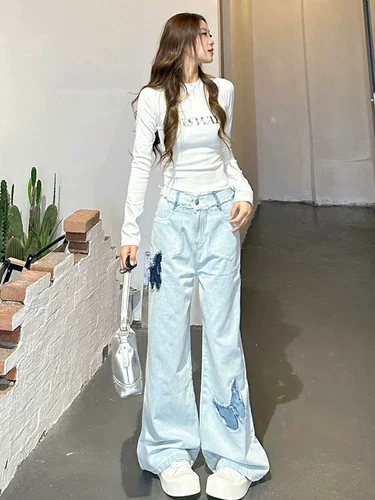 Осенние джинсы, штаны, дизайнерские ретро леггинсы, тренд сезона, в американском стиле, свободный прямой крой