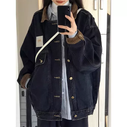 Ретро черная джинсовая осенняя дизайнерская куртка, в американском стиле, оверсайз, свободный крой