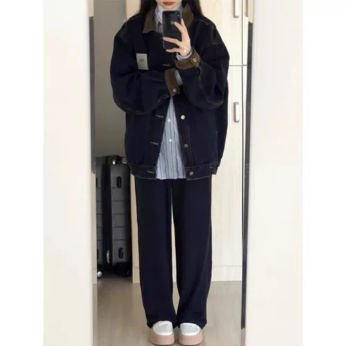 Ретро черная джинсовая осенняя дизайнерская куртка, в американском стиле, оверсайз, свободный крой