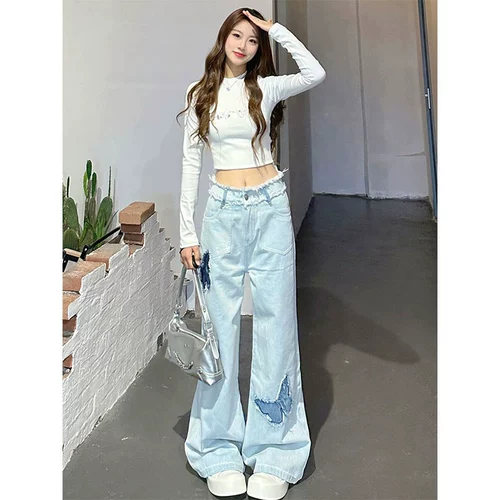 Осенние джинсы, штаны, дизайнерские ретро леггинсы, тренд сезона, в американском стиле, свободный прямой крой