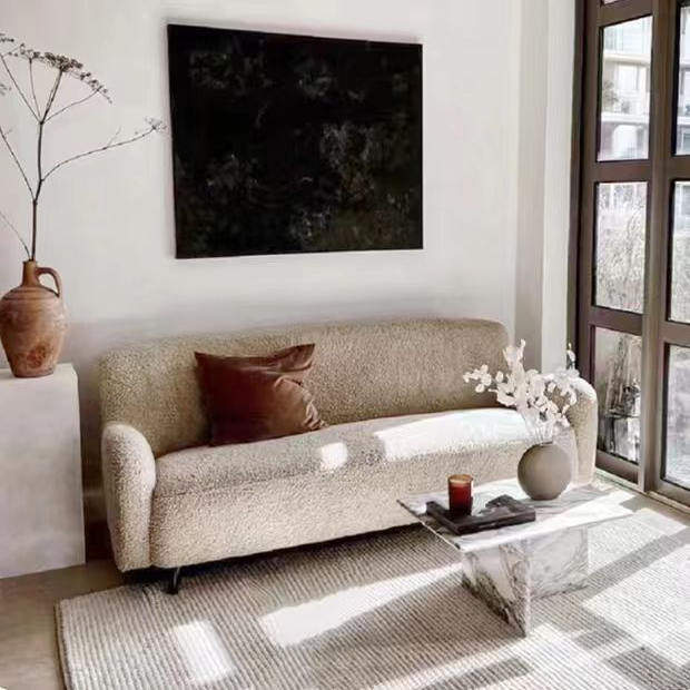 Nordic Minimalist Mid-Century Wabi-Sabi Style Ins Popular Lamb Wool Guesthouse Room Small Apartment Double Fabric Sofa